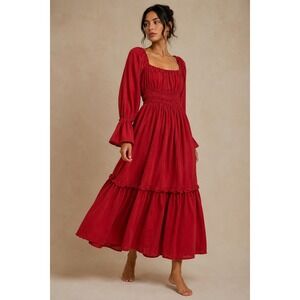 OhSevenDays Willa Red Cupro Smocked Tiered Midi Dress Long Sleeve Small